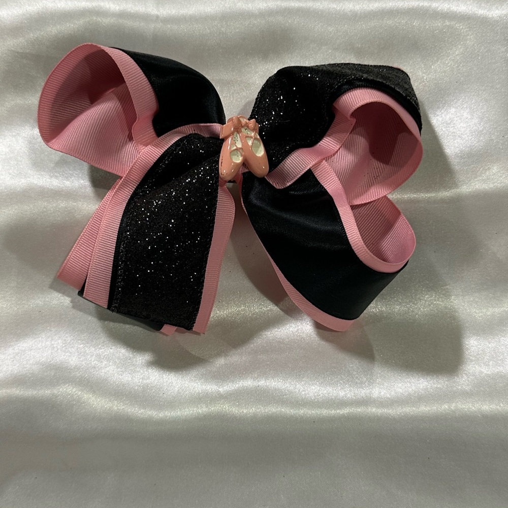 Black & Pink Glitter Hair Bow w/Ballet Shoe Charm- bundle and save on shipping